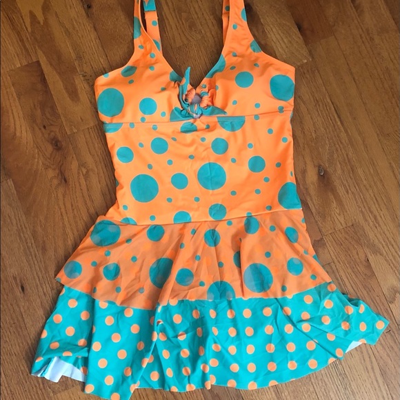 Teal & Orange Polka Dot One-Piece Swim Dress - Size Medium - Picture 5 of 9